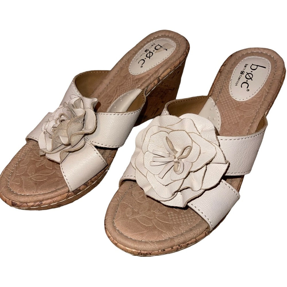 B.O.C Cork Wedge Slides Sandals Leather Upper Rosette Off White/Cream 7M